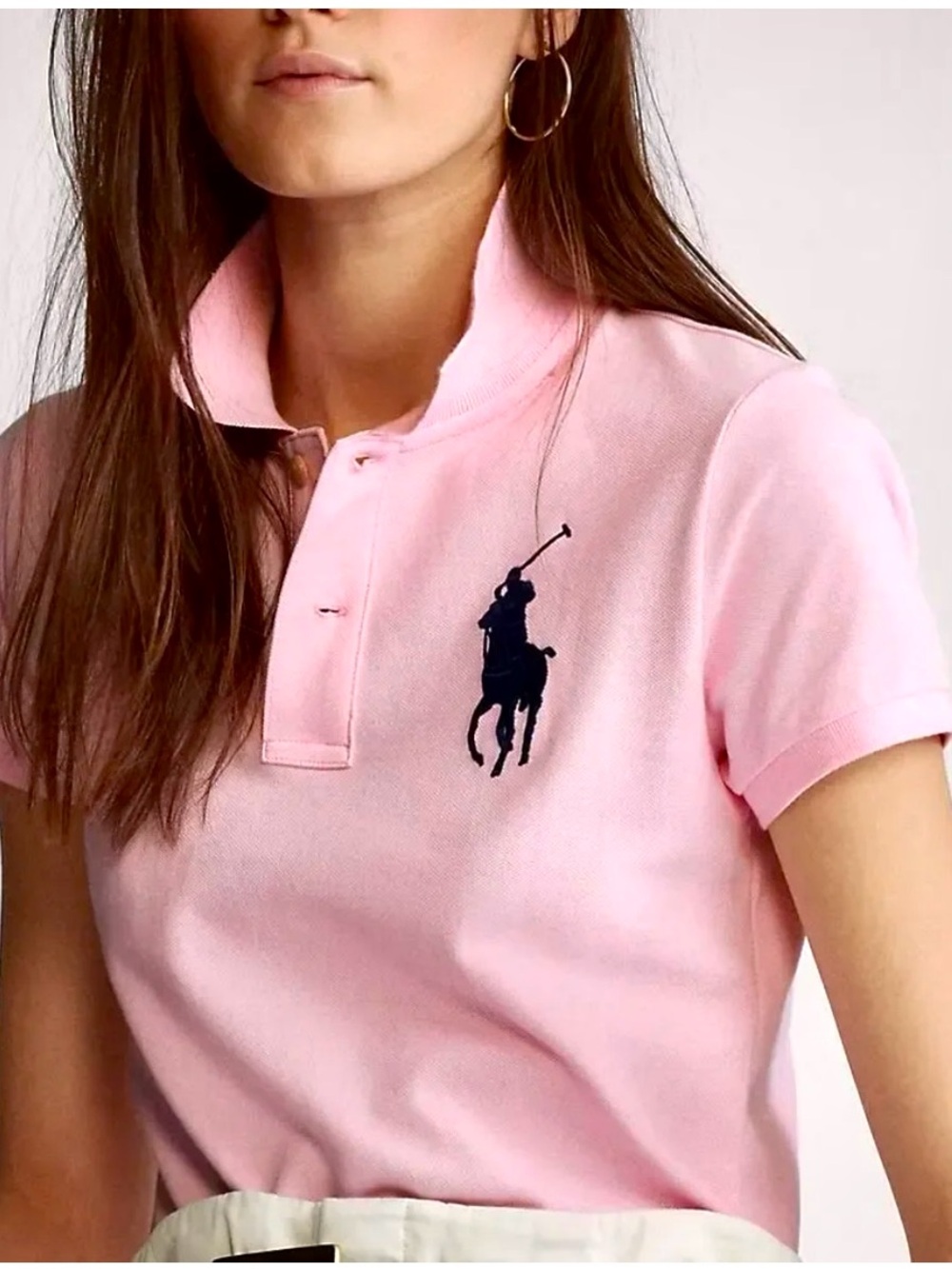 RALPH LAUREN, Women’s Big Pony Embroidered Pique Polo Shirt in Pink, Size Medium